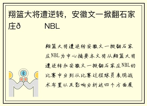 翔篮大将遭逆转,安徽文一掀翻石家庄🏀NBL 翔篮大将遭逆转,安徽文一掀翻石家庄🏀NBL